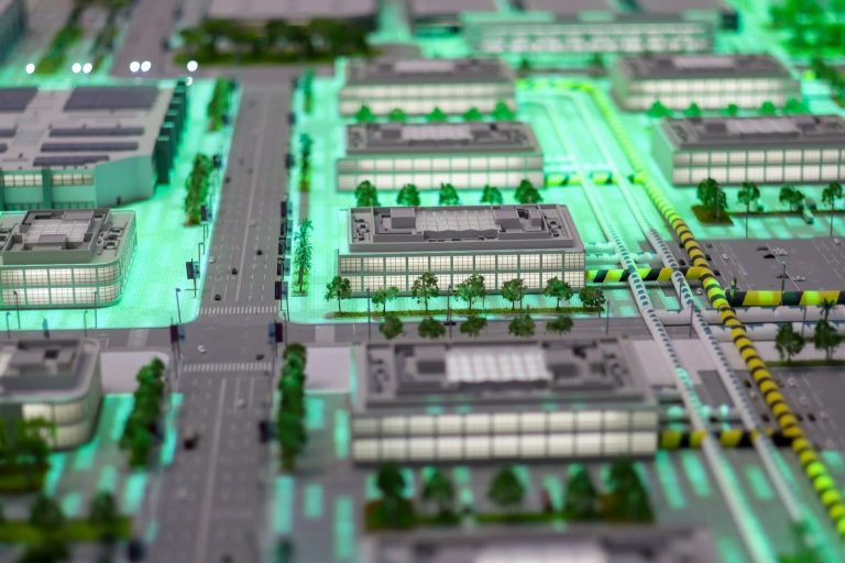 Model of a modern city with buildings and buildings